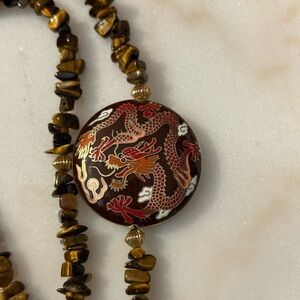 Vintage Cloisonné Dragon Pendant with tiger eye necklace 20in.